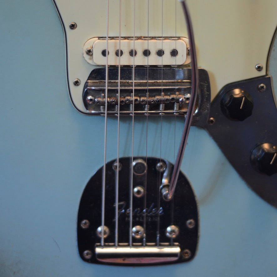 Close up of Original Fender Mute, floating bridge, and 1963 Jaguar Jazzmaster Tremolo