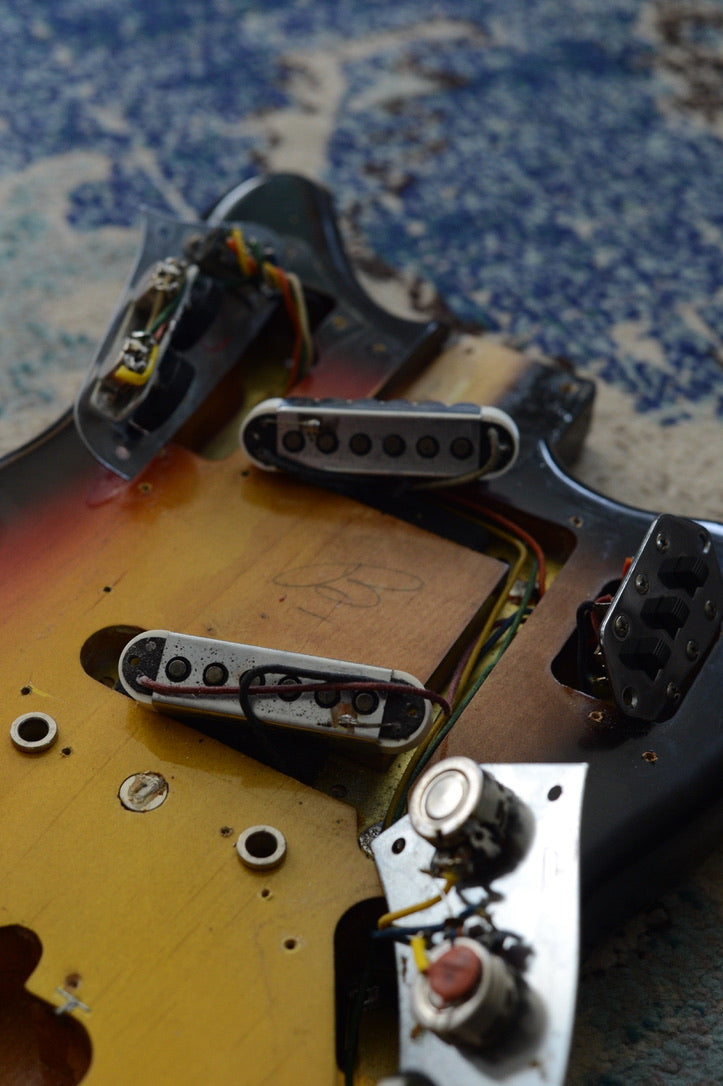 Close up of the bottom of 1963 Fender Jaguar Pickups