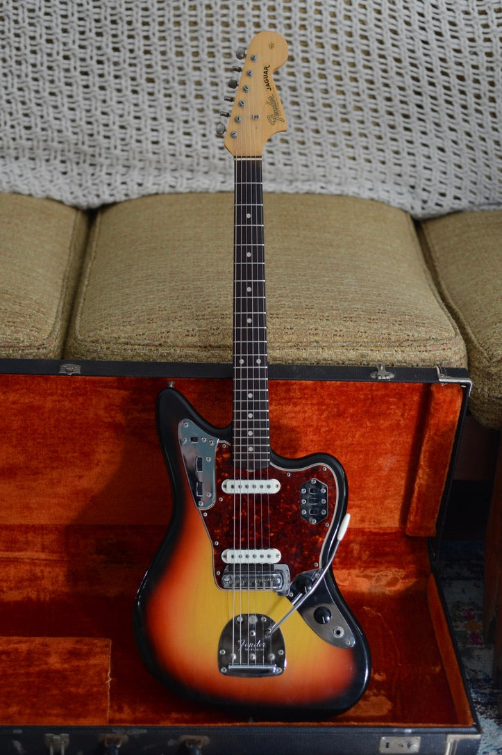 Full front of 1965 Fender Jaguar in original case.