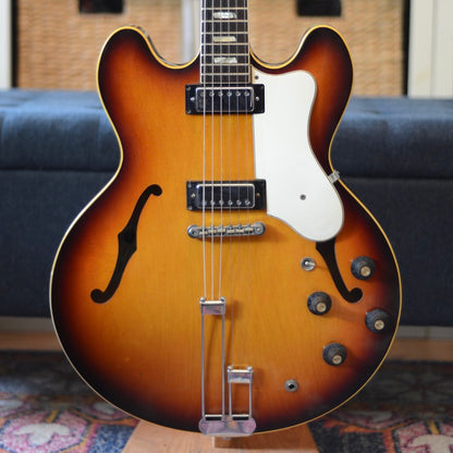 1967 Epiphone Riviera Semi Hollow Sunburst Guitar in Front of Bench