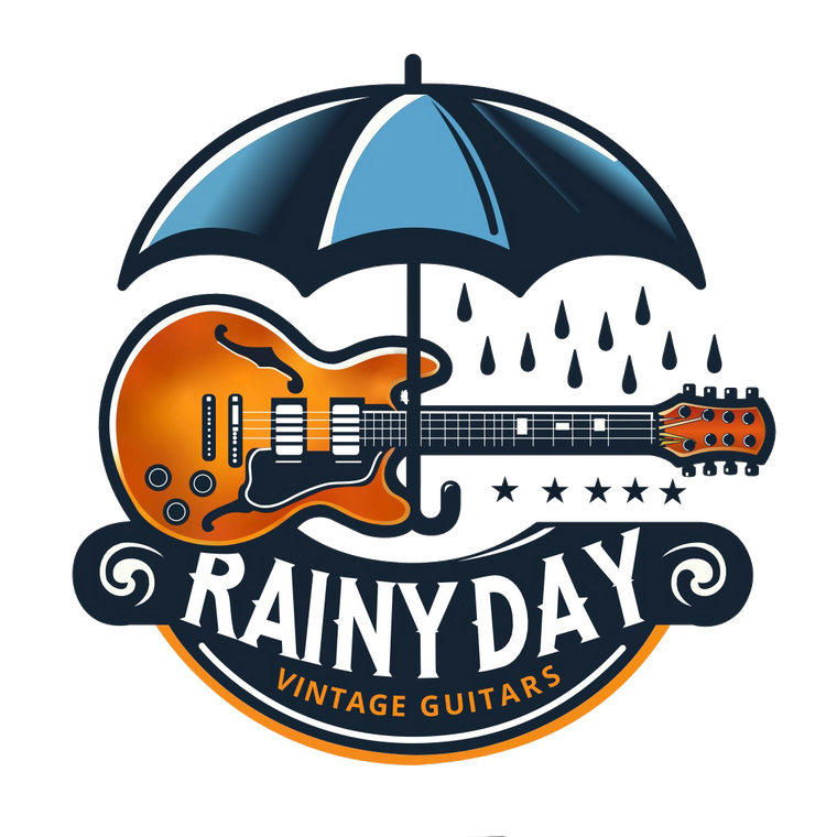 Logo for Rainy Day Vintage Guitars with a guitar under an umbrella.